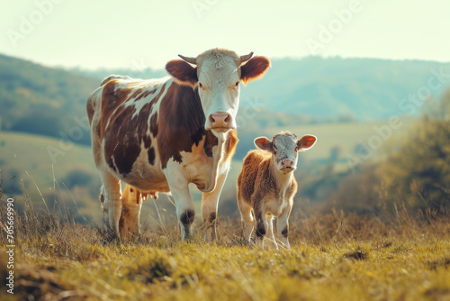 A cow with her cub, mother loves and cares in everyday life
