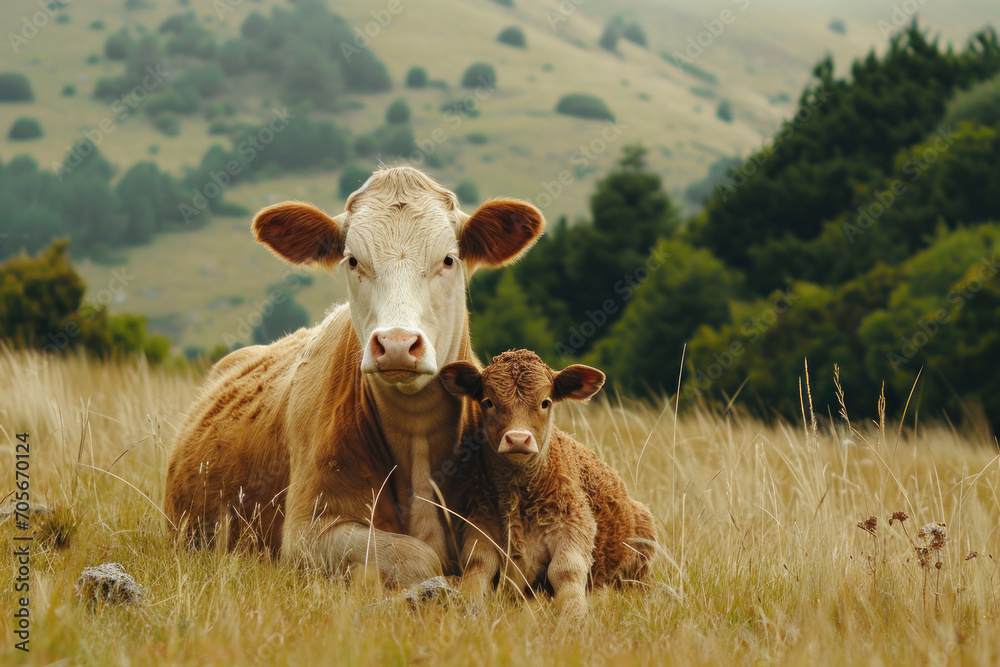 A cow with her cub, mother loves and cares in everyday life - obrazy, fototapety, plakaty 