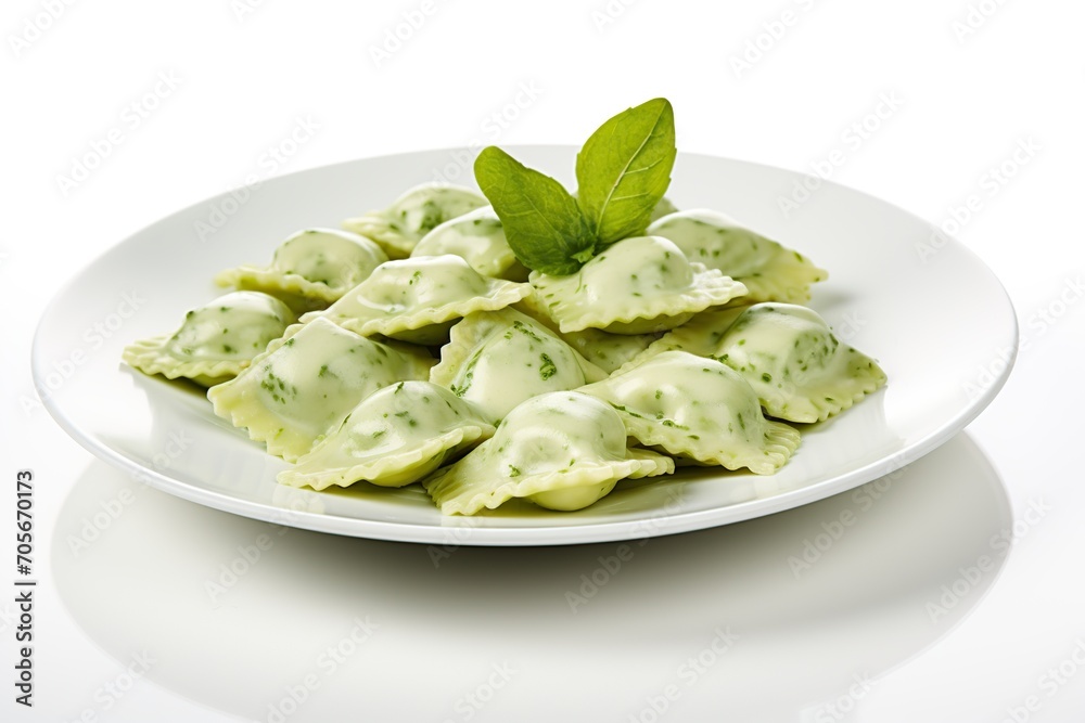 Italian ravioli pasta with spinach on white background Italian ravioli pasta with spinach on white background