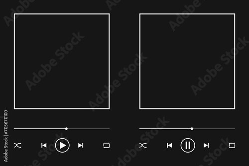 Music player interface template with album cover frame, slider progress bar, play, pause, repeat, rewind, shuffle and fast forward buttons isolated on black background. Vector graphic illustration