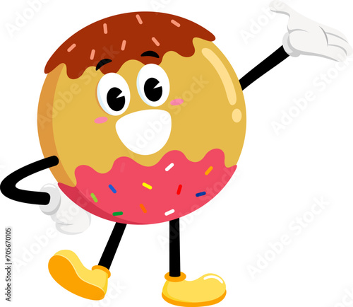 Funny Donut Retro Cartoon Character Waving For Greeting. Vector Illustration Flat Design Isolated On Transparent Background