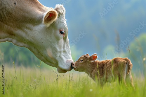 A cow with her cub, mother loves and cares in everyday life photo