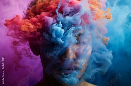 Ephemeral man colorful smoke. Person vaping vaper. Generate Ai