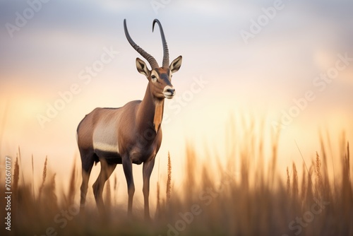 male roan antelope standing guard at sunrise