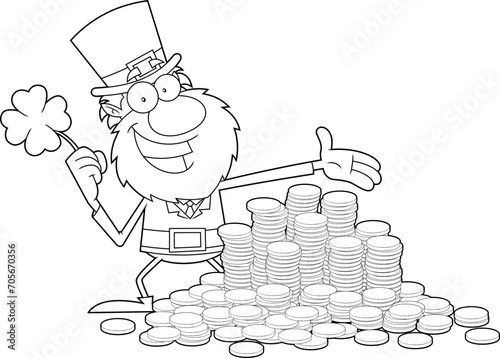 Outlined Smiling Leprechaun Cartoon Character With Shamrock And Pile Of Gold Coins. Vector Hand Drawn Illustration Isolated On Transparent Background