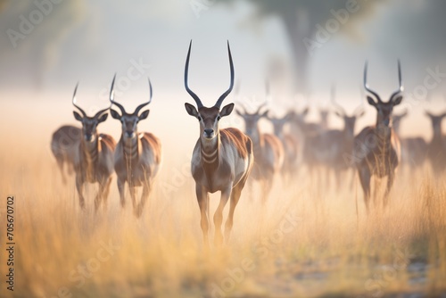 sable antelope herd moving through misty morning