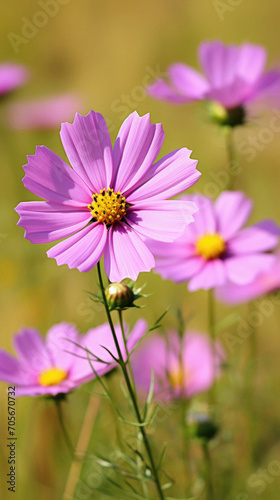 Cosmos flowers blooming in the meadow. Nature background.