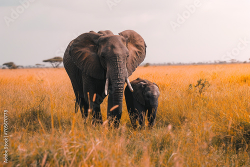 An elephant with her cub, mother love and care in wildlife scene © Aris
