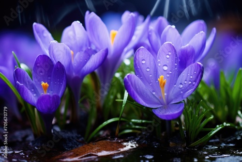 Spring flowers of blue crocuses in water drops