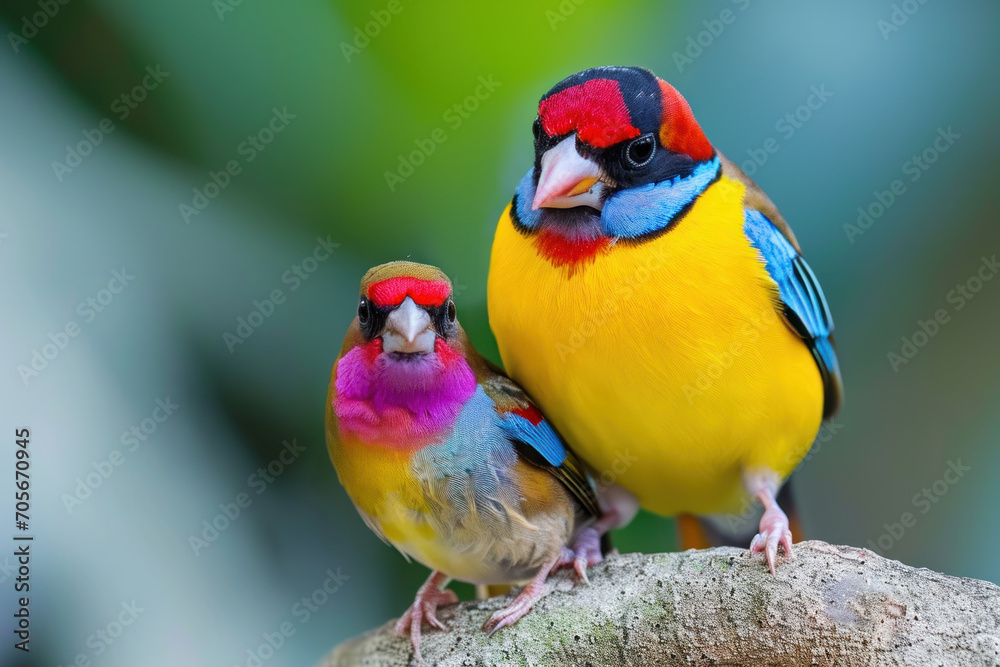 Obraz premium A Gouldian Finch with her cub, mother love and care in wildlife scene