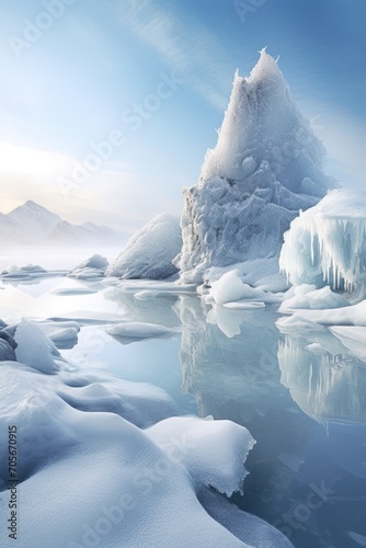 Icebergs floating in calm water on an icy lake with rock formations.