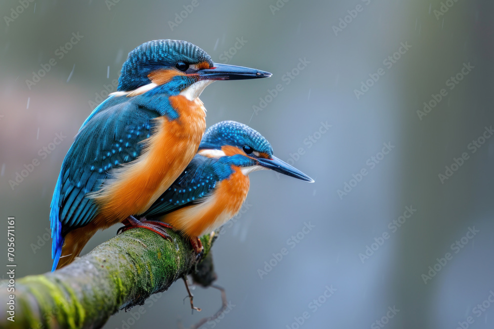 Fototapeta premium A kingfisher with her cub, mother love and care in wildlife scene