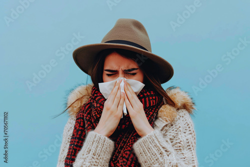 Cold Season Chic: Woman in Hat and Scarf Blowing Nose photo