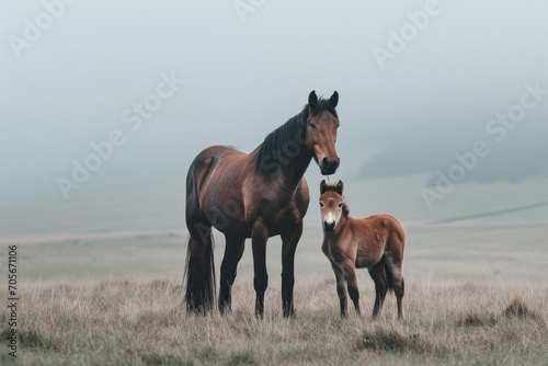 A horse with her cub  mother love and care in wildlife scene
