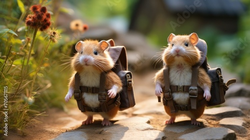 Domestic hamsters in hats with backpacks walk next to each other on a path in the garden