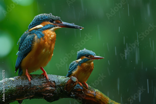 A kingfisher with her cub, mother love and care in wildlife scene © Aris