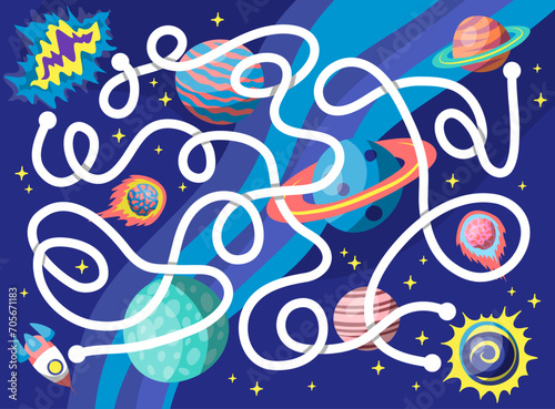 Cartoon Color Maze Game Kids Concept Flat Design Style. Vector illustration of Space Labyrinth with Planets and Rocket