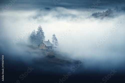 fog over a hill with houses on top  in the style of light indigo and light cyan  landscapes