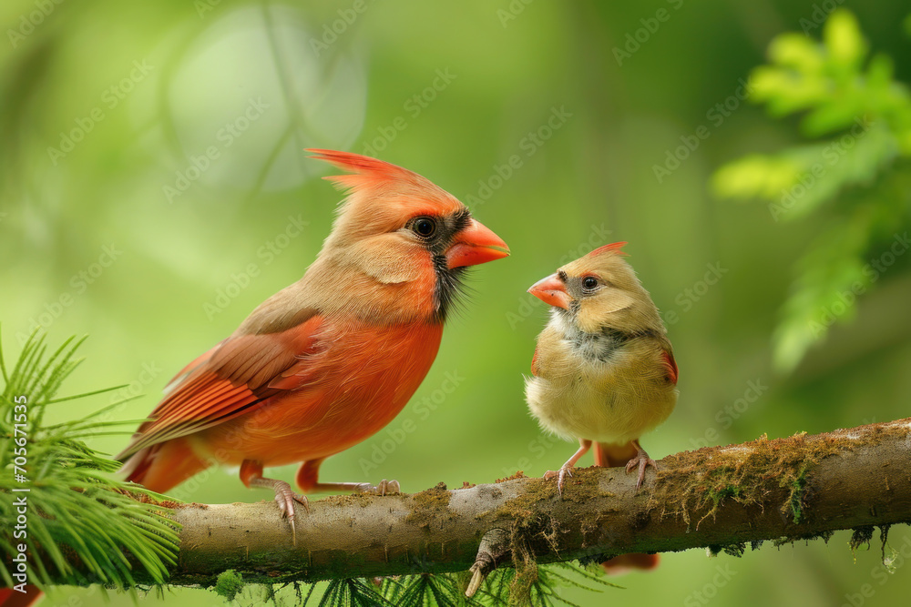 A Northern Cardinal with her cub, mother love and care in wildlife scene A Northern Cardinal with her cub, mother love and care in wildlife scene