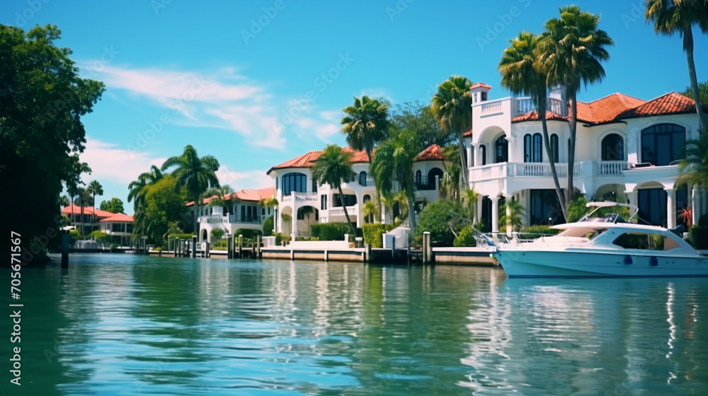 Picture of luxury mansion homes along inner coastal waterway river in Florida. Tropical vacation and summer home. - obrazy, fototapety, plakaty 