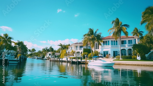 Picture of luxury mansion homes along inner coastal waterway river in Florida. Tropical vacation and summer home. © Banu