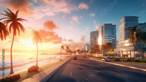 Modern buildings and roads in front of beach with sunset background © Banu