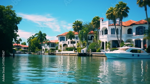 Picture of luxury mansion homes along inner coastal waterway river in Florida. Tropical vacation and summer home. photo