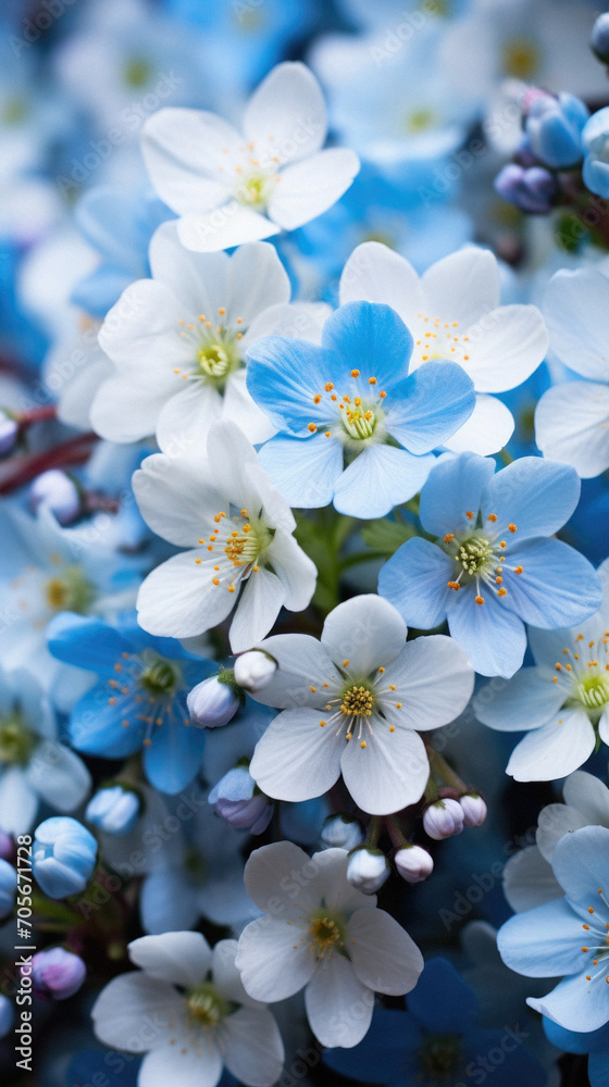 Beautiful blooming spring flowers on blue background, close up.