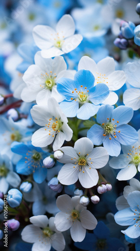 Beautiful blooming spring flowers on blue background, close up.