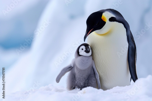 A penguin with her cub, mother love and care in wildlife scene