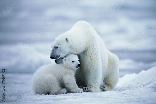 A polar bear with her cub, mother love and care in wildlife scene