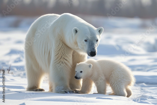 A polar bear with her cub, mother love and care in wildlife scene © Aris