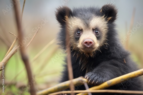 fluffy spectacled bear cub looking curiously at camera