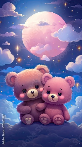 a beautiful moon, clouds, and stars with two little teddy bears in the background, in the style of honeycore, cute and colorful - generative ai © Nia™