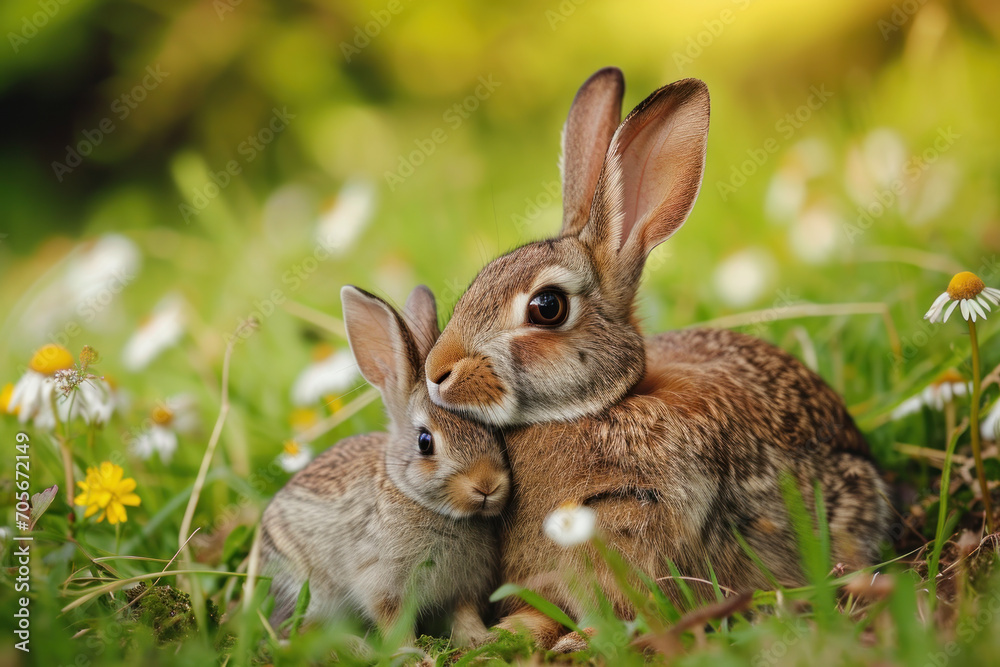 A rabbit with her cub, mother loves and cares in everyday life