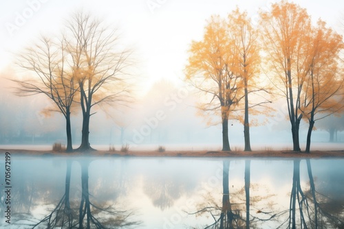 reflection of trees on a foggy pond surface at dawn