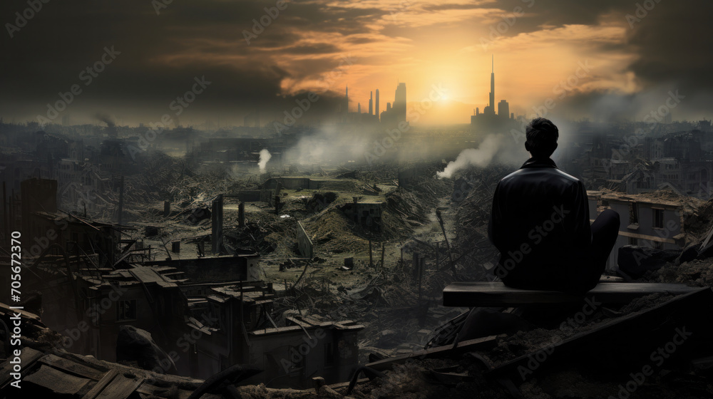 Man sits contemplatively amid ruins, with a backdrop of a sunlit skyline, symbolizing hope and resilience