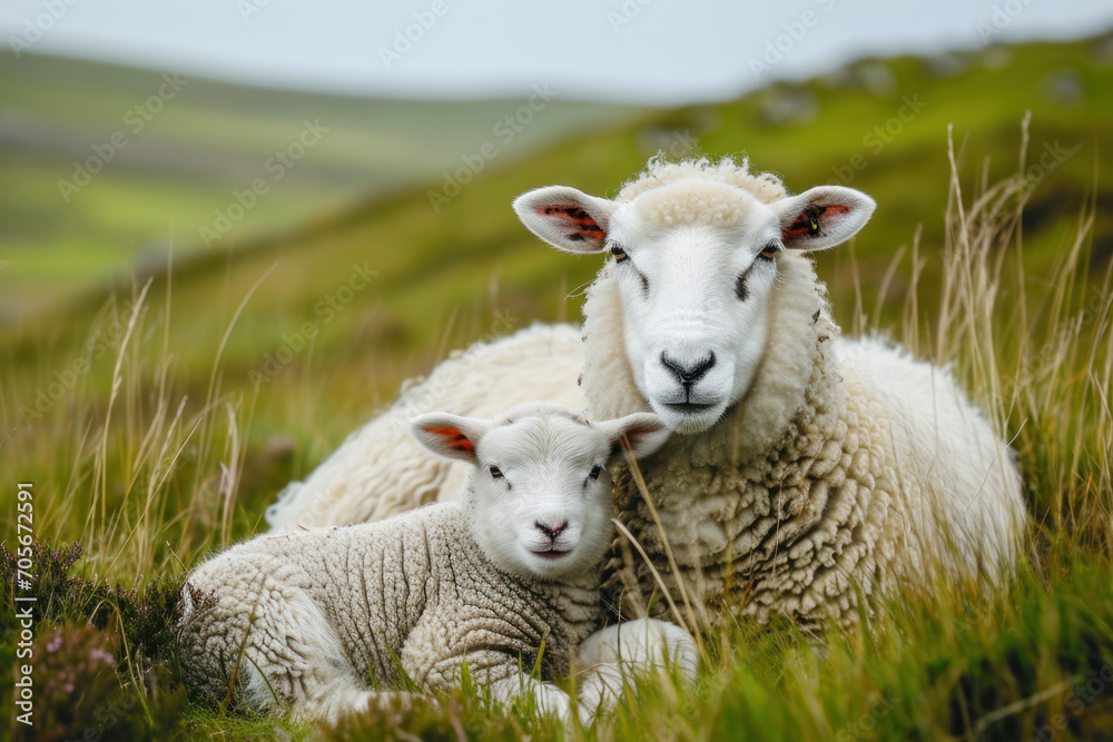 Fototapeta premium A sheep with her cub, mother loves and cares in everyday life