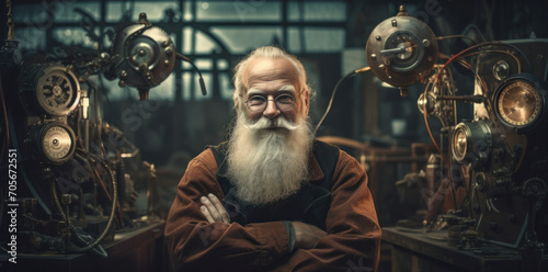 Elderly inventor in his workshop, surrounded by intricate machinery, with a face full of stories