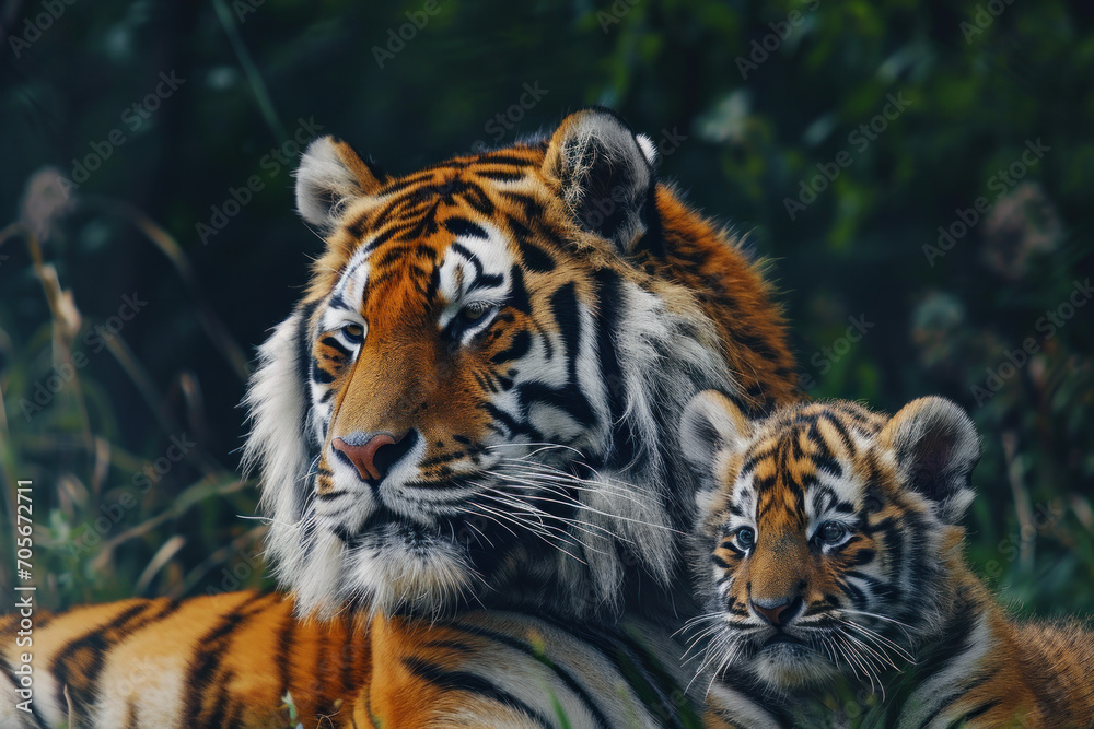 Obraz premium A tiger with her cub, mother love and care in wildlife scene