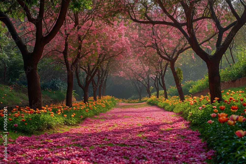 Beautiful blossom spring time pink color trees, garden or park