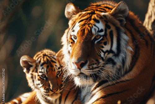 A tiger with her cub  mother love and care in wildlife scene