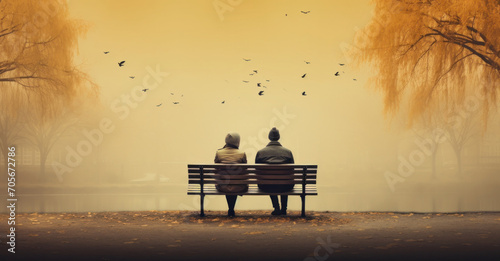 Couple seated on a park bench, enjoying a serene, foggy autumn morning as birds take flight.