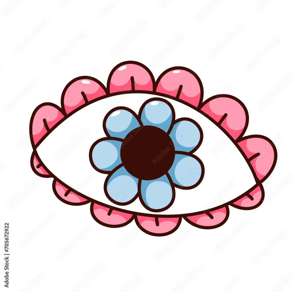 Groovy cartoon eye with flower instead of pupil. Funny retro floral mascot with trippy vibe, chamomile petals in weird eye of hippy hallucination, cartoon sticker of 60s 70s style vector illustration Groovy cartoon eye with flower instead of pupil. Funny retro floral mascot with trippy vibe, chamomile petals in weird eye of hippy hallucination, cartoon sticker of 60s 70s style vector illustration
