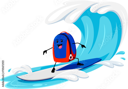Cartoon backpack school supply character riding surfboard on summer beach vacation. Isolated vector student bag personage catching tide waves enjoying extreme sport recreation and fun on the ocean photo