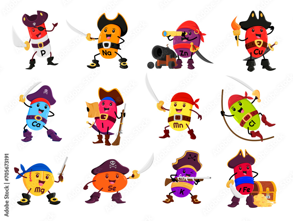Cartoon vitamin and micronutrient pirate or corsair characters. Isolated vector P, Na, Zn and Cu, Ca, I, Mn Cl, Mg, Se, K or Fe rover capsules yellow