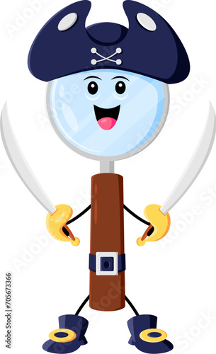 Cartoon loupe school supply pirate and corsair character brandishes twin swords with a mischievous grin. Isolated vector magnifying glass personage in tricorn hat, ready for adventure on the high seas