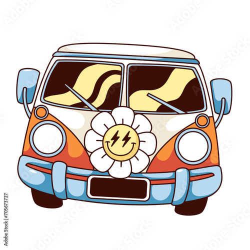 Groovy cartoon hippy van with flower. Funny retro classic car for summer travel to hippie festival and camping vacation, camper van mascot and cartoon sticker of 60s 70s style vector illustration