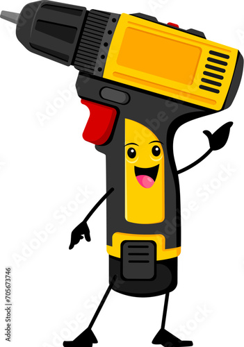 Cartoon funny drill diy, building and repair tool character. Isolated vector quirky and vibrant instrument personage with a mischievous grin, and googly eyes, ready for playful construction adventures photo