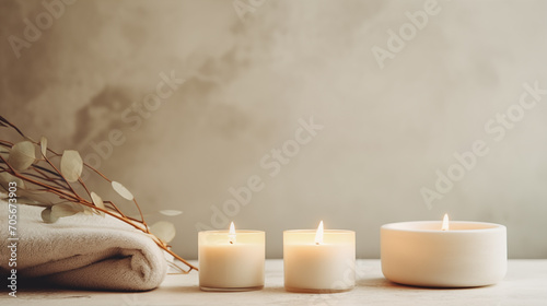 Simplicity and tranquility resonate through the lit candles, fluffy towel,for luxury beauty, cosmetic, skincare, body care, aromatherapy,spa product display background